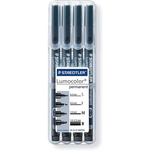 Foliopis LUMOCOLOR zestaw 4grubości (0,4; 0,6; 1,0;1,0-2,5mm) czarne S 31-9 WP4GS STAEDTLER Foliopis LUMOCOLOR zestaw 4grubości (0,4; 0,6; 1,0;1,0-2,5mm) czarne S 31-9 WP4GS STAEDTLER