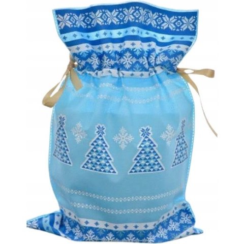 Worek upominkowy materiałowy jasno niebieski CHOINKA + PŁATKI ŚNIEGU 30x45cm PaKaDo Worek upominkowy materiałowy jasno niebieski CHOINKA + PŁATKI ŚNIEGU 30x45cm PaKaDo