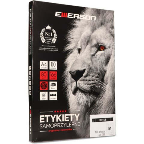 Etykiety A4 białe (100ark) 70x16.9 mm nr.039 EMERSON eta4070x169w Etykiety A4 białe (100ark) 70x16.9 mm nr.039 EMERSON eta4070x169w