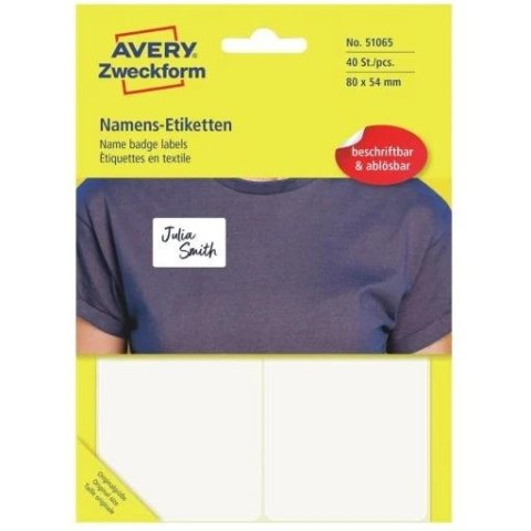 Etykieta identyfikatory imienne 80x54mm(10 arkuszy = 40etykiet) białe foliowe 51065 AVERY ZWECKFORM Etykieta identyfikatory imienne 80x54mm(10 arkuszy = 40etykiet) białe foliowe 51065 AVERY ZWECKFORM