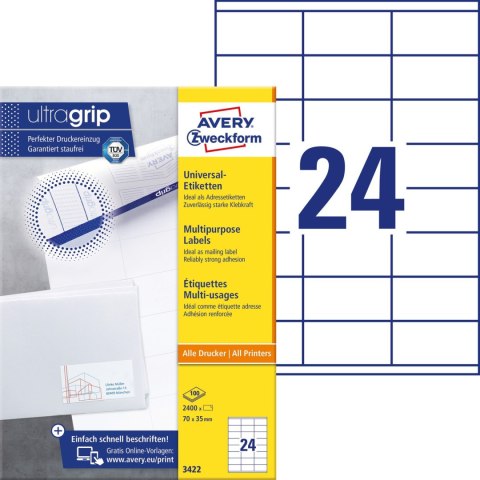 Etykiety A4 białe (100 arkuszy) 70x35mm 3422 AVERY ZWECKFORM Etykiety A4 białe (100 arkuszy) 70x35mm 3422 AVERY ZWECKFORM