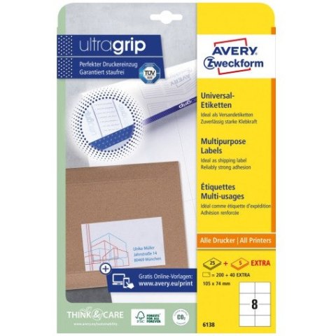 Etykiety białe ULTRA GRIP 105x74mm (25arkuszy = 200 atykiet) 6138 AVERY ZWECKFORM Etykiety białe ULTRA GRIP 105x74mm (25arkuszy = 200 atykiet) 6138 AVERY ZWECKFORM
