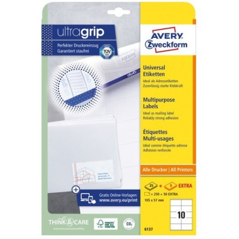 Etykiety białe ULTRAGRIP 105x57mm (25 arkuszy=250 etykiet) 6137 AVERY ZWECKFORM Etykiety białe ULTRAGRIP 105x57mm (25 arkuszy=250 etykiet) 6137 AVERY ZWECKFORM