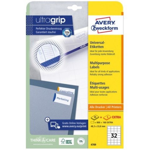 Etykiety białe ULTRAGRIP 48,3x33,8mm (25 arkuszy = 800 etykiet) 4789 AVERY ZWECKFORM Etykiety białe ULTRAGRIP 48,3x33,8mm (25 arkuszy = 800 etykiet) 4789 AVERY ZWECKFORM