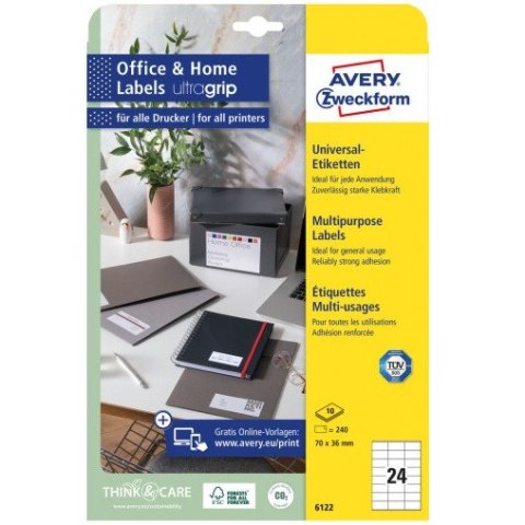 Etykiety białe ULTRAGRIP 70x36mm (10 arkuszy = 240 etykiet) 6122 AVERY ZWECKFORM Etykiety białe ULTRAGRIP 70x36mm (10 arkuszy = 240 etykiet) 6122 AVERY ZWECKFORM