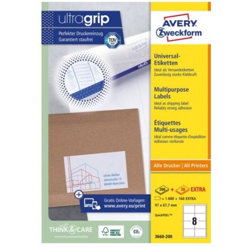 Etykiety białe ULTRAGRIP 97x67,7mm (200 arkuszy = 1600 etykiet) 3660-200 AVERY ZWECKFORM Etykiety białe ULTRAGRIP 97x67,7mm (200 arkuszy = 1600 etykiet) 3660-200 AVERY ZWECKFORM