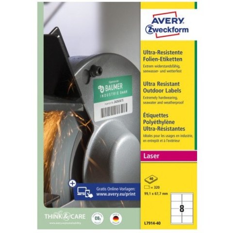 Etykiety foliowe Ultra Resistant 99,1x67,7mm (40arkuszy=320etykiet) L7914-40 AVERY ZWECKFORM Etykiety foliowe Ultra Resistant 99,1x67,7mm (40arkuszy=320etykiet) L7914-40 AVERY ZWECKFORM
