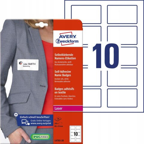 Identyfikator do zadruku 80x50mm 120g samoprzylepny biały sztuczy jedwab L4785-20 AVERY ZWECKFORM Identyfikator do zadruku 80x50mm 120g samoprzylepny biały sztuczy jedwab L4785-20 AVERY ZWECKFORM