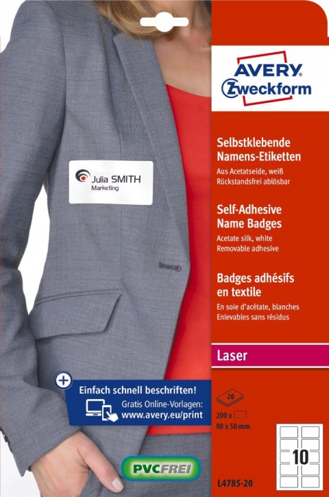 Identyfikator do zadruku 80x50mm 120g samoprzylepny biały sztuczy jedwab L4785-20 AVERY ZWECKFORM Identyfikator do zadruku 80x50mm 120g samoprzylepny biały sztuczy jedwab L4785-20 AVERY ZWECKFORM