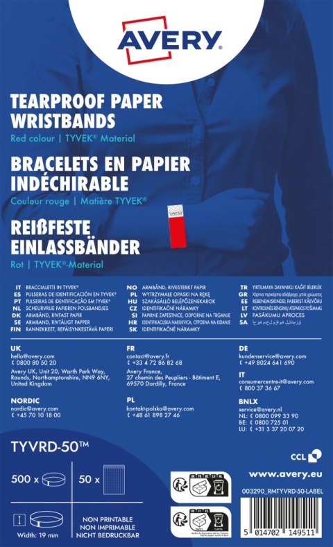 Opaski na rękę 256x19mm (50 arkuszy = 500 opasek) neonowe czerwone TYVRD-50 AVERY Opaski na rękę 256x19mm (50 arkuszy = 500 opasek) neonowe czerwone TYVRD-50 AVERY