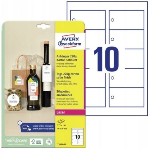 Zawieszki kartonowe (10 arkuszy) 90x50mm prostokątne Quick&Clean T2001-10 AVERY ZWECKFORM Zawieszki kartonowe (10 arkuszy) 90x50mm prostokątne Quick&Clean T2001-10 AVERY ZWECKFORM